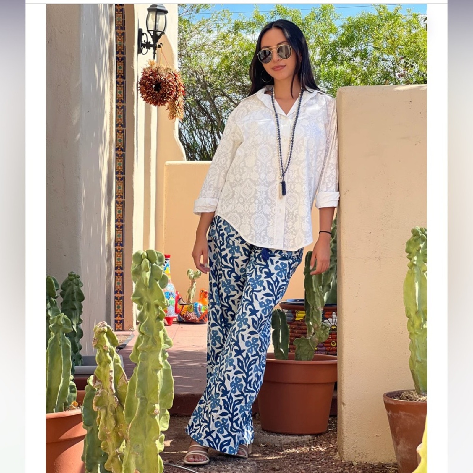 New! Pax Philomena $115 Isadora Floral Batik Cotton Wide Leg Lounge Pants Xs Nwt — image 5 of 8
